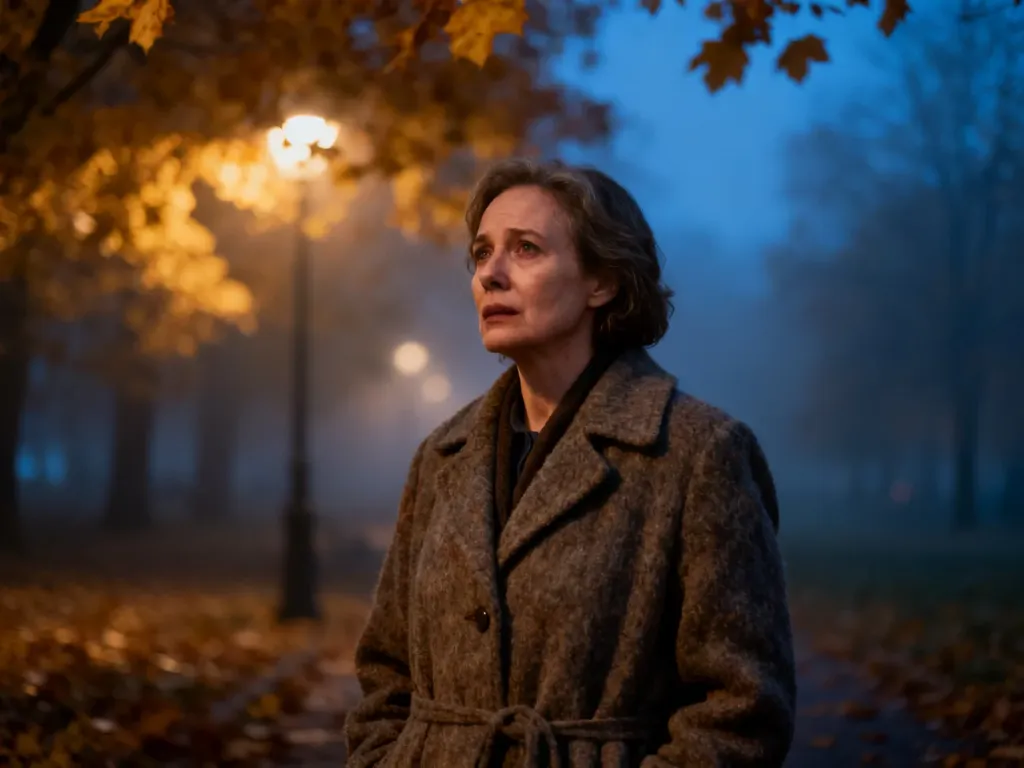 Stanisława Celińska w melancholijnym jesiennym parku, przywołująca nostalgiczną atmosferę utworu.
