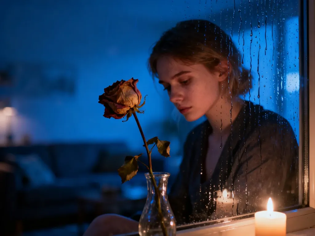 Młoda kobieta siedząca przy oknie w deszczowy wieczór, obok której stoi uschnięta róża, oddająca melancholijny nastrój utworu.
