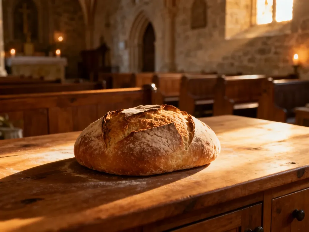 Świeży bochenek chleba na drewnianym stole w zestawieniu z wnętrzem kościoła, nawiązujące do eucharystycznego charakteru pieśni.