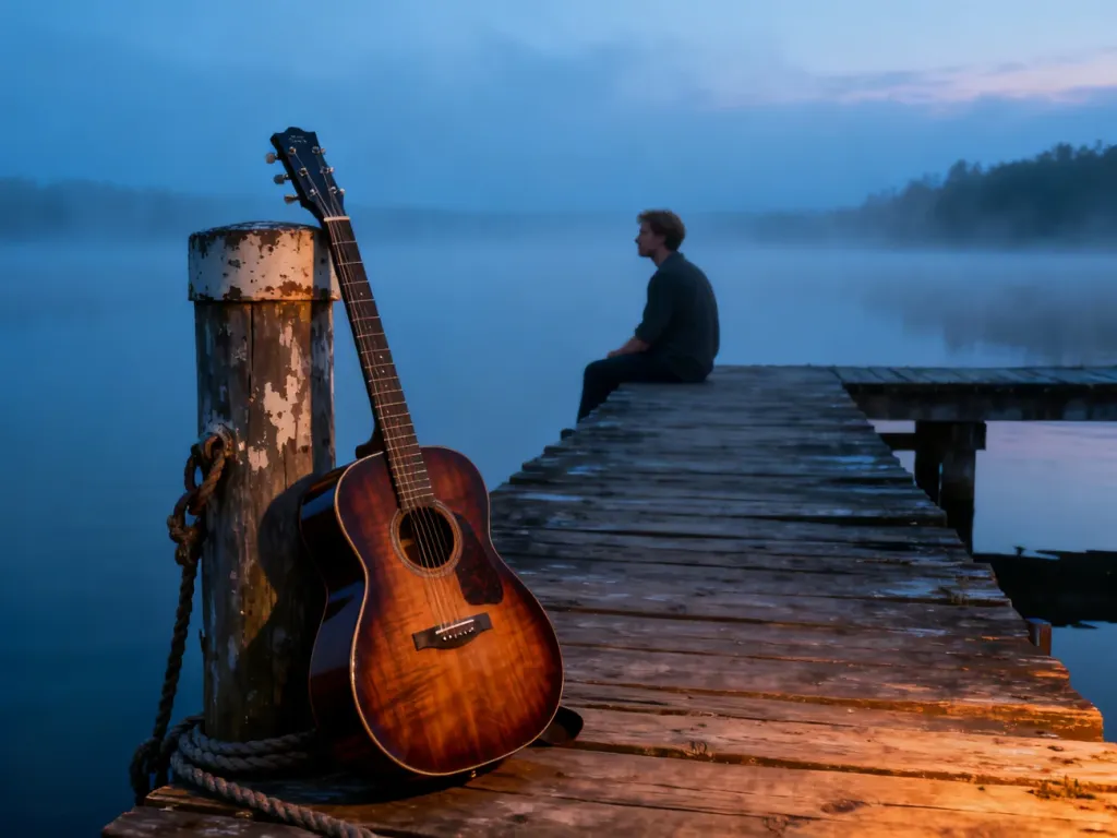 Stary drewniany pomost z gitarą o zachodzie słońca nad mglistym jeziorem, nawiązujący do klimatu szant.