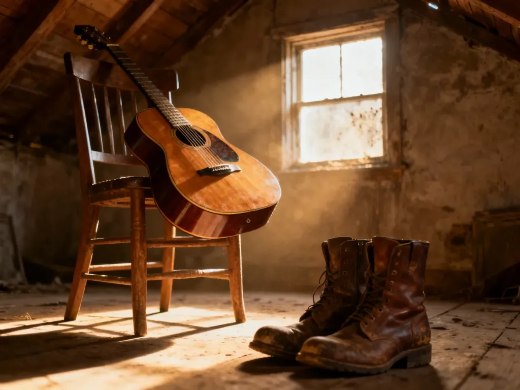 Stara gitara akustyczna i znoszone buty na drewnianym krześle w słonecznym, nostalgicznym wnętrzu poddasza.