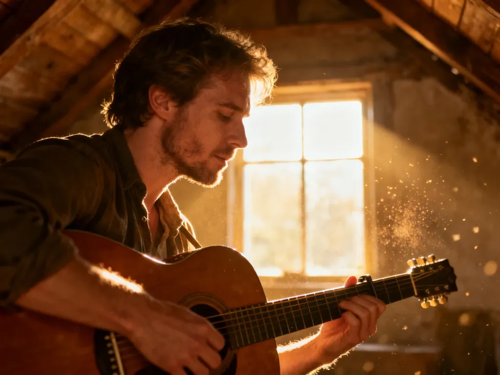 Wiktor Dyduła gra na gitarze akustycznej w przytulnym, nasłonecznionym poddaszu, tworząc nostalgiczną atmosferę.