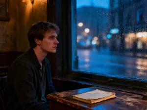 Zamyślony młody mężczyzna siedzący samotnie na dachu nocą, patrzący na światła miasta w tle.