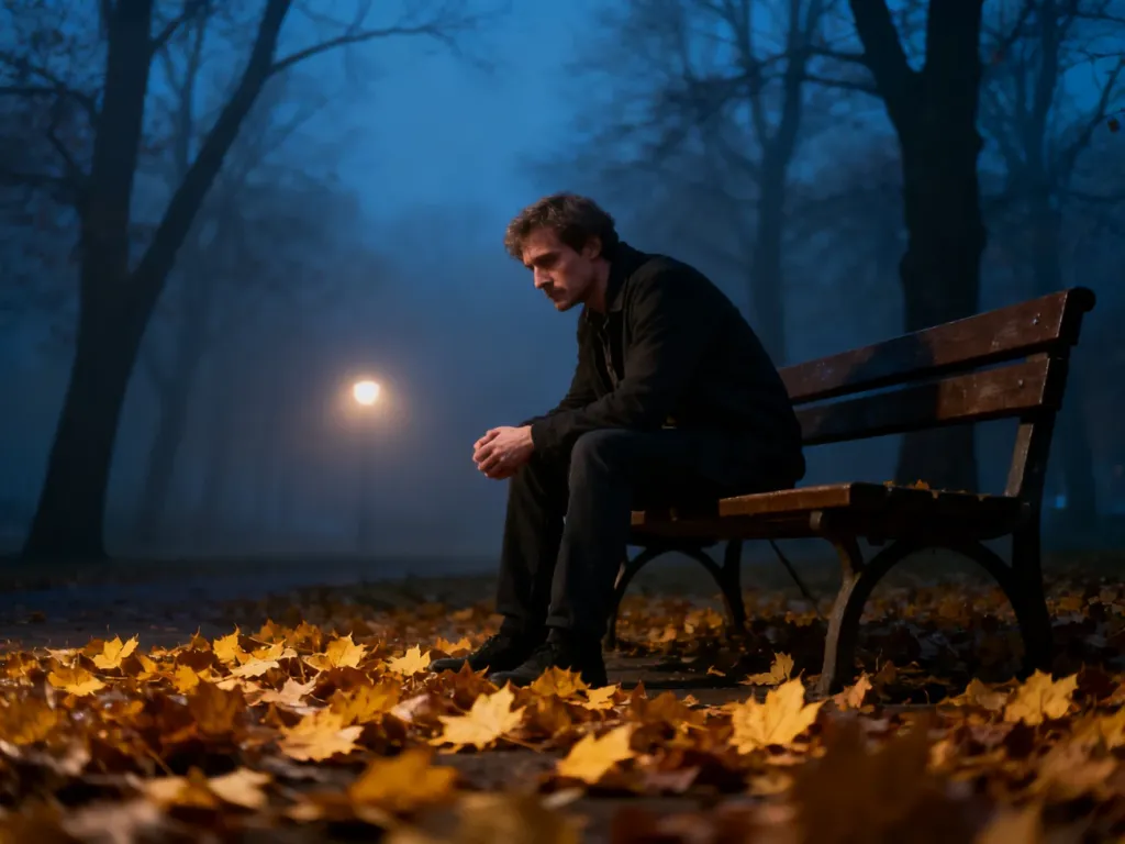 Samotny mężczyzna siedzący na ławce w jesiennym parku, oddający melancholijny nastrój utworu.