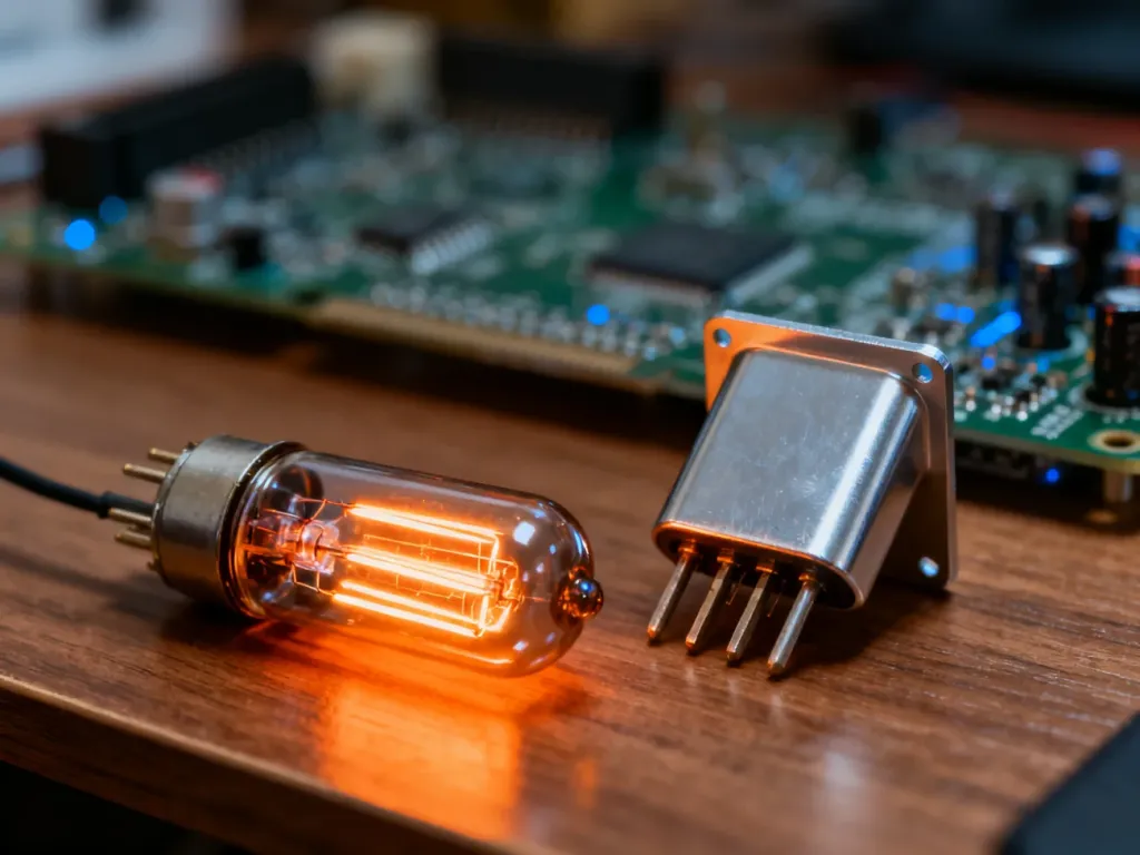 Świecąca lampa elektronowa obok nowoczesnego tranzystora na drewnianym blacie, ilustrująca różnice w technologii audio.