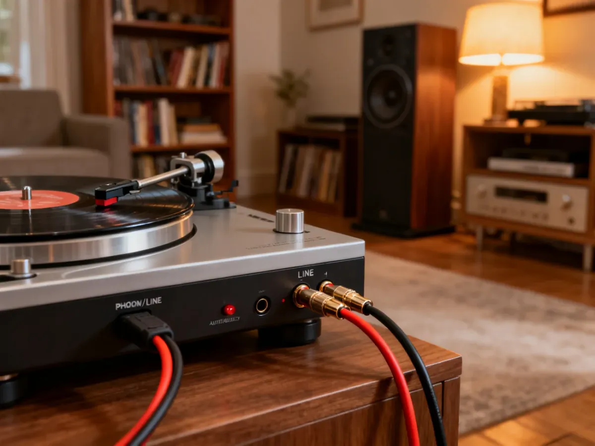 Gramofon z wbudowanym przedwzmacniaczem podłączony do wejścia liniowego wzmacniacza