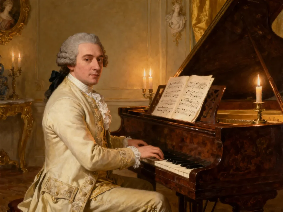 Portret Wolfganga Amadeusza Mozarta przy fortepianie