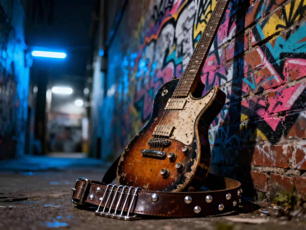 Zużyta gitara elektryczna z ćwiekami oparta o ceglany mur z graffiti, oddająca surowy i buntowniczy klimat punk rocka.