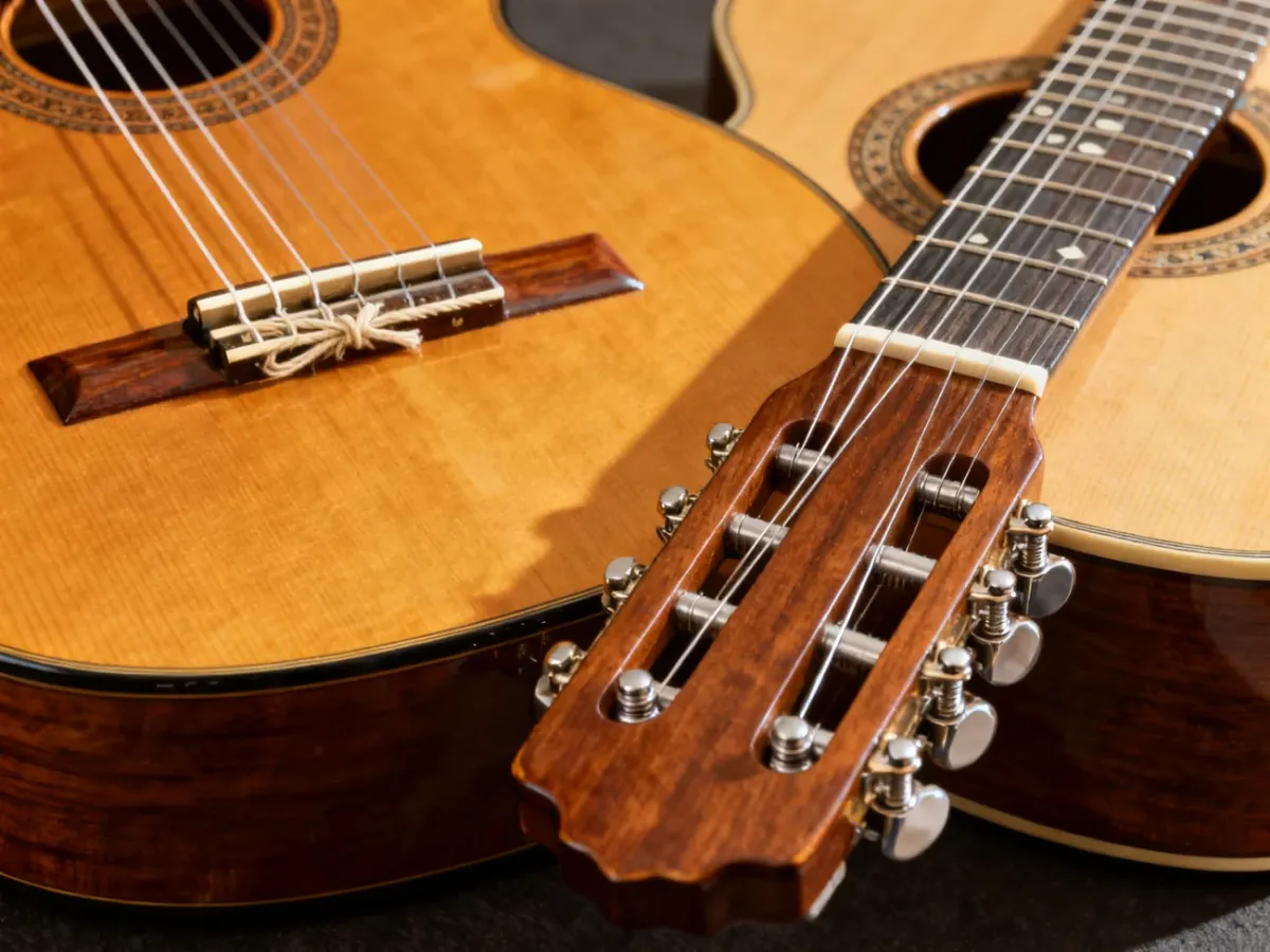 Zbliżenie na mostki, struny i główki dwóch rodzajów gitar