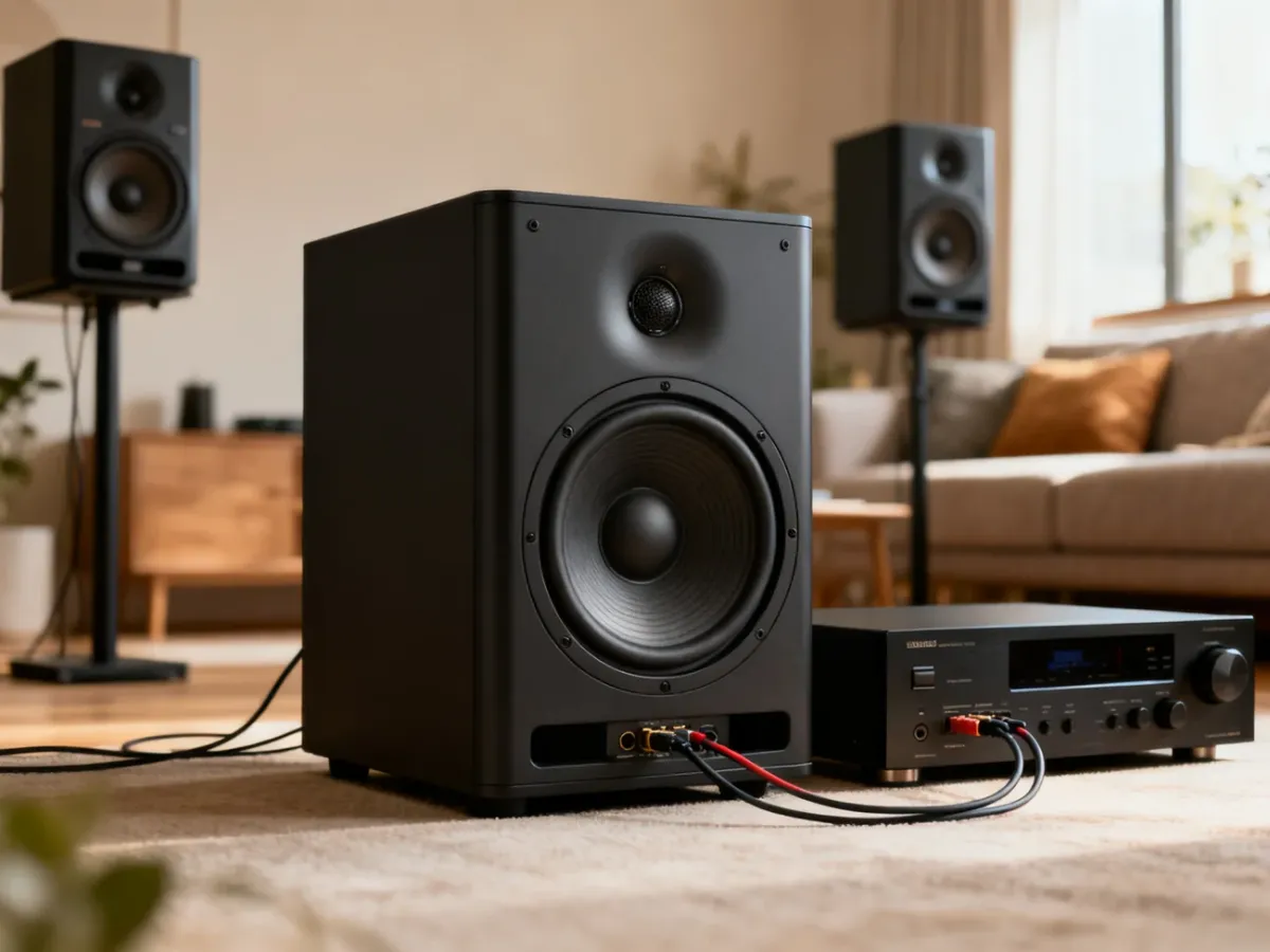 Aktywny subwoofer w domowym zestawie audio obok kolumn stereo