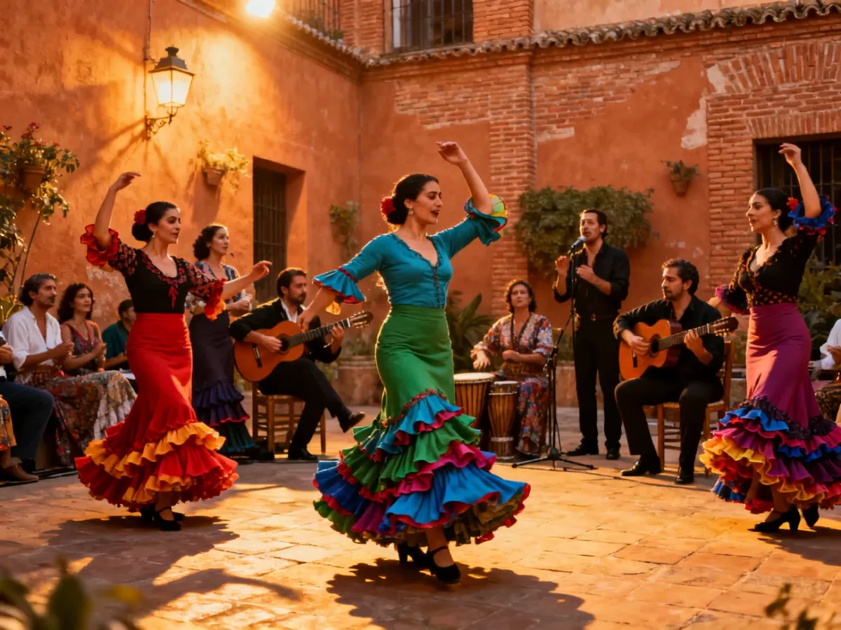Wspólny występ flamenco w andaluzyjskim dziedzińcu