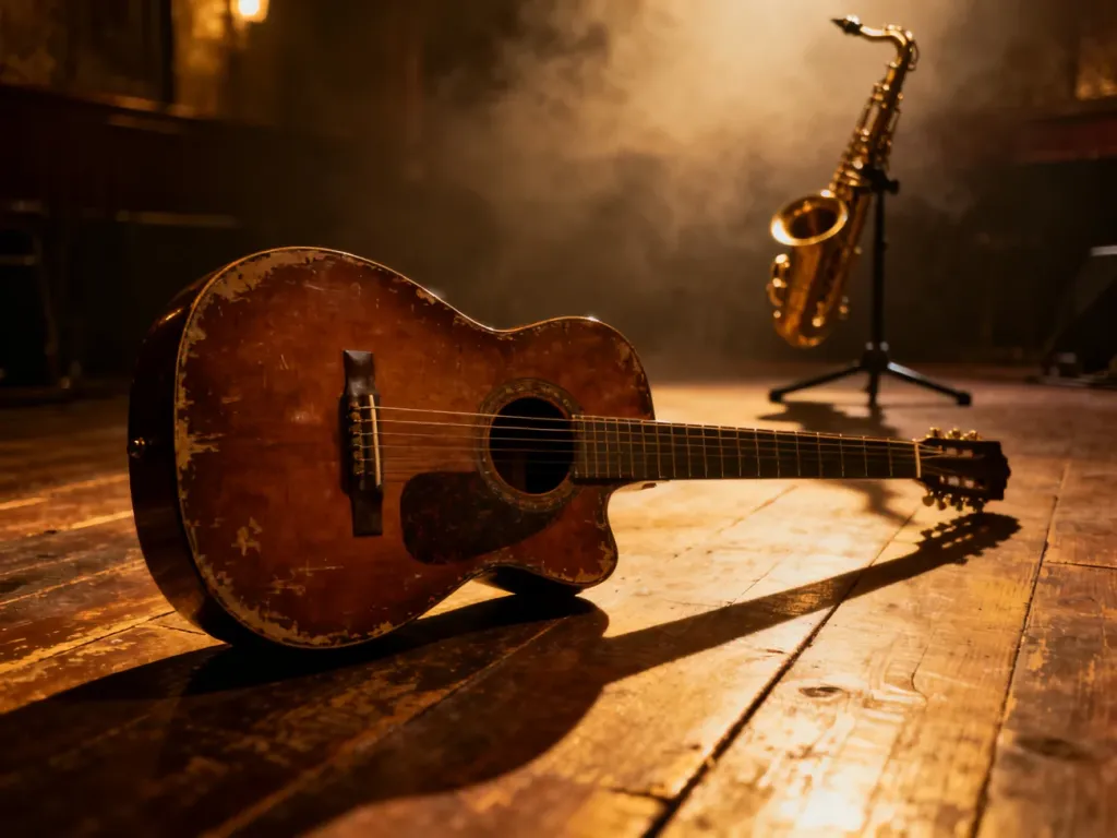 Stara gitara akustyczna na drewnianej podłodze w klimacie zadymionego klubu jazzowego, podkreślająca korzenie bluesa.