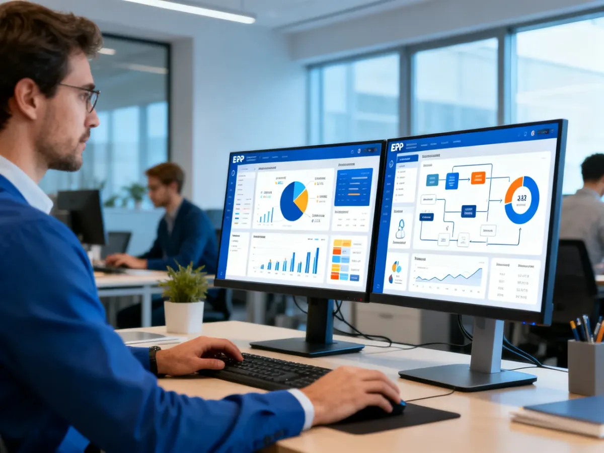 Pracownicy firmy korzystający z systemu ERP do zarządzania biznesem