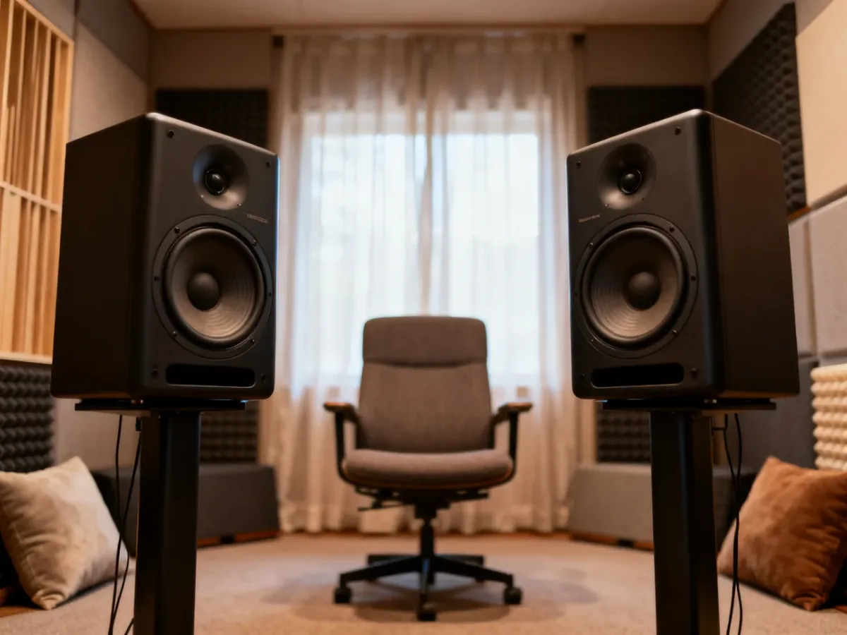 Kolumny stereo skręcone do wewnątrz w stronę miejsca odsłuchowego