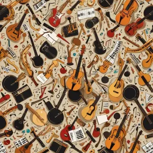 Stara, zniszczona gitara elektryczna oparta o ceglaną ścianę w surowym, piwnicznym klimacie, oddająca estetykę stylu grunge.