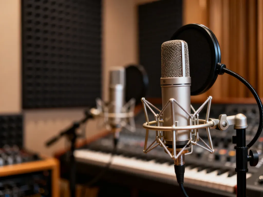 Profesjonalne studio nagraniowe z mikrofonem dynamicznym na pierwszym planie i rozmytym mikrofonem pojemnościowym w tle.
