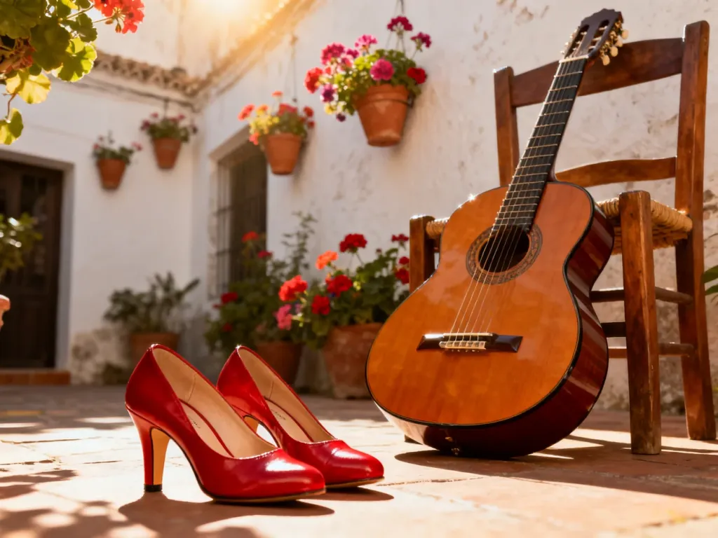Tradycyjna gitara flamenco i czerwone buty do tańca ustawione w słonecznym andaluzyjskim patio.