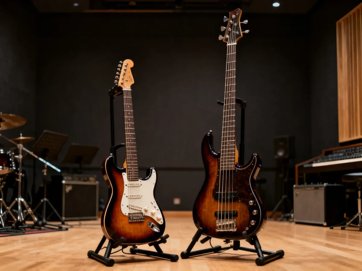 Gitara elektryczna i basowa ustawione obok siebie w sali prób