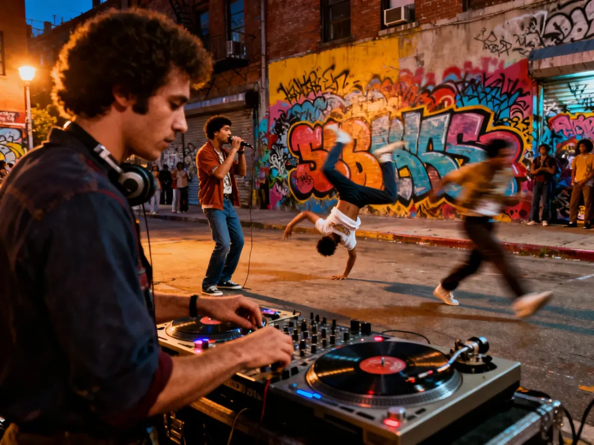 Uliczna scena z Bronksu przedstawiająca DJ-a, rapera, breakdance i graffiti
