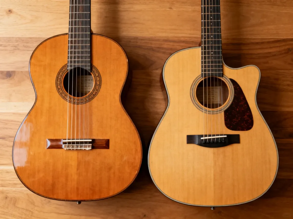 Gitara klasyczna i akustyczna ustawione obok siebie