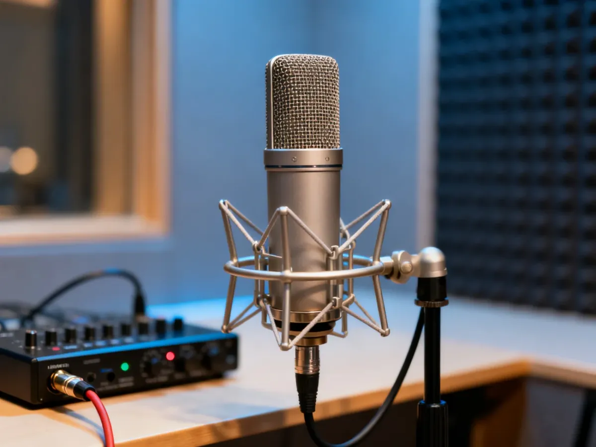Mikrofon pojemnościowy w studiu nagraniowym z interfejsem audio