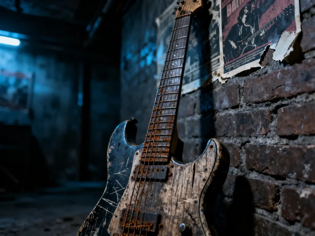 Stara, zniszczona gitara elektryczna oparta o ceglaną ścianę w surowym, piwnicznym klimacie, oddająca estetykę stylu grunge.