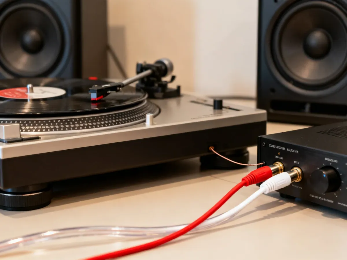Gramofon podłączony do wzmacniacza wejściem PHONO z przewodem uziemiającym