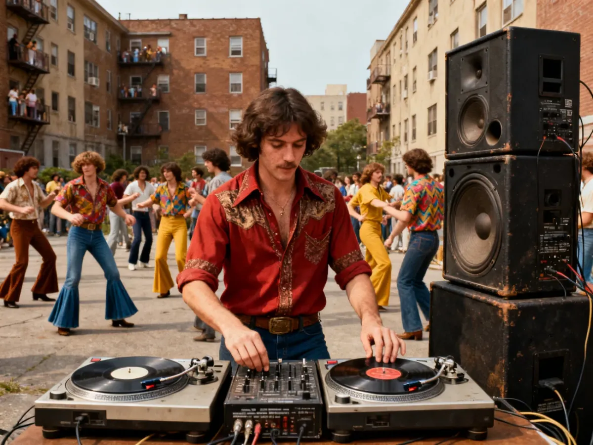Block party na Bronksie w latach 70. z DJ-em i tańczącą społecznością