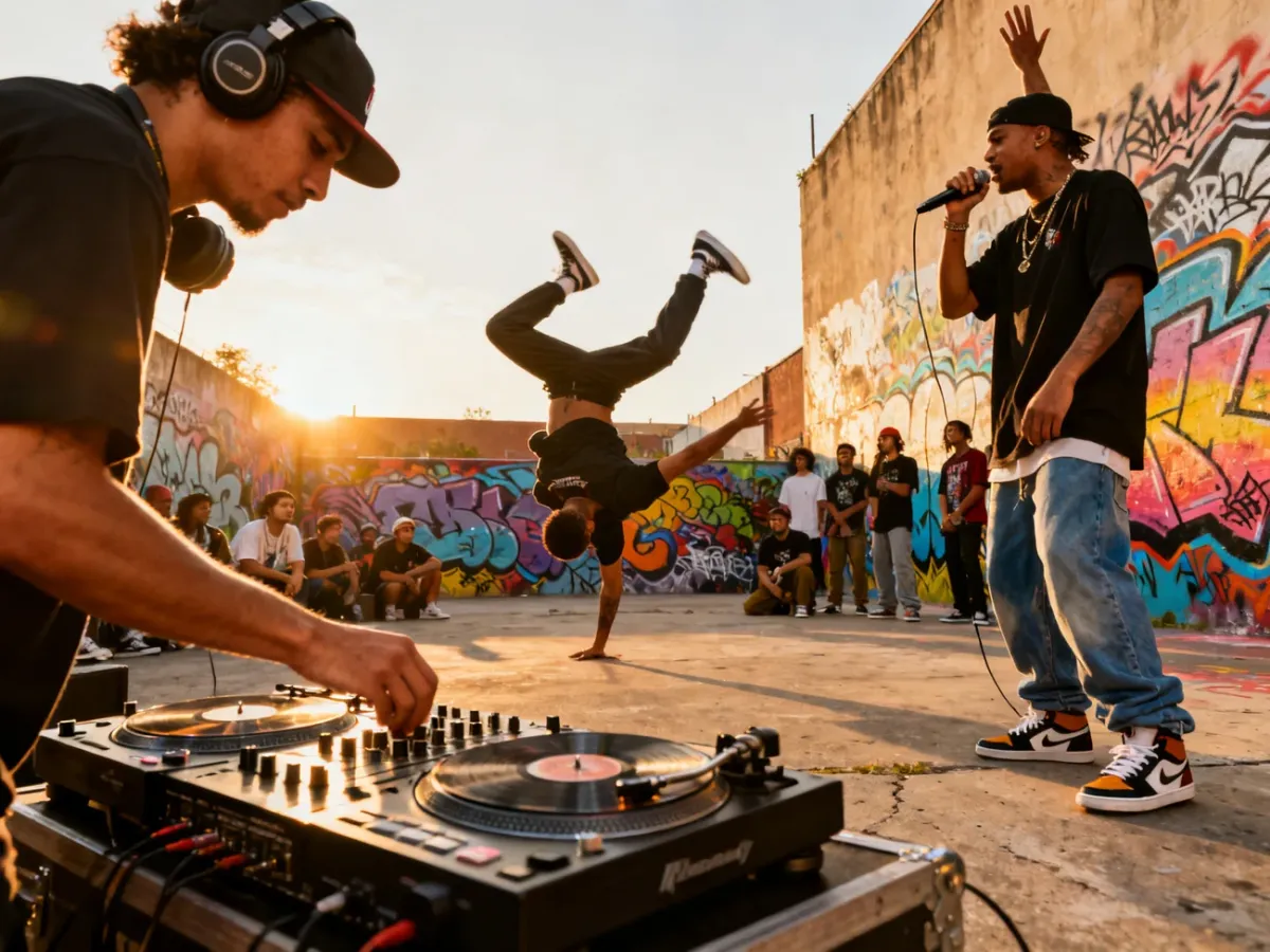 Uliczne spotkanie hip-hopowe z DJ-em, tancerzem breakingowym, MC i graffiti