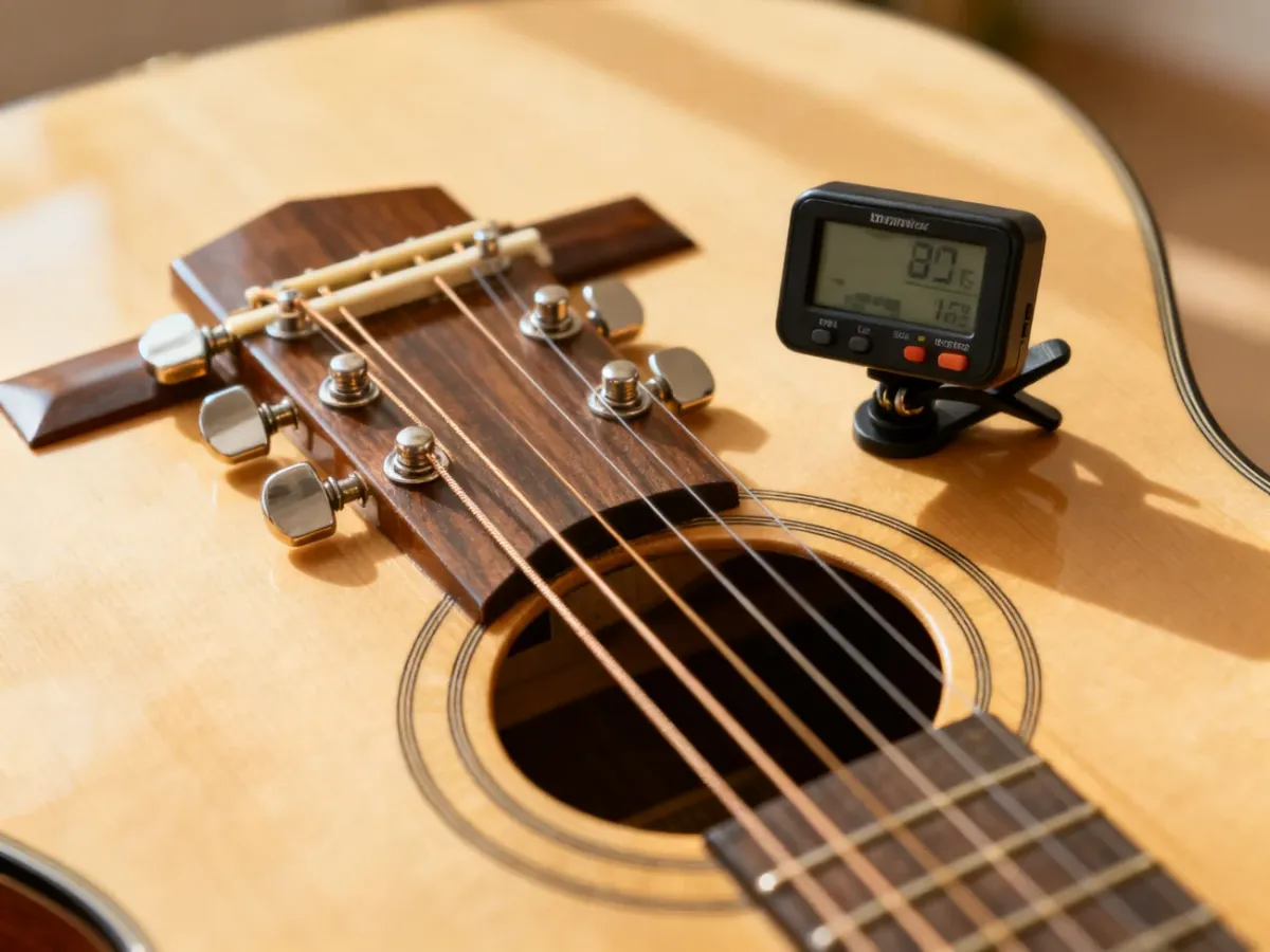 Gitara akustyczna i elektroniczny tuner przygotowane do strojenia