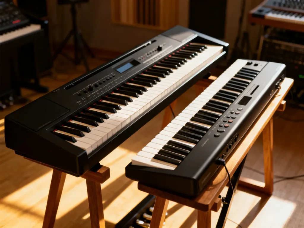 Porównanie pianina cyfrowego z ważoną klawiaturą oraz przenośnego keyboardu ustawionych obok siebie w studiu muzycznym.