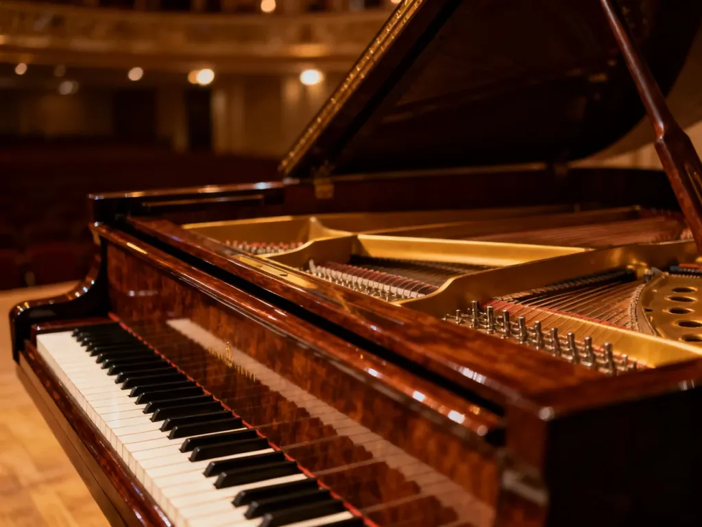 Elegancki fortepian w nastrojowej sali koncertowej, ukazujący detale strun i lśniącą powierzchnię instrumentu.