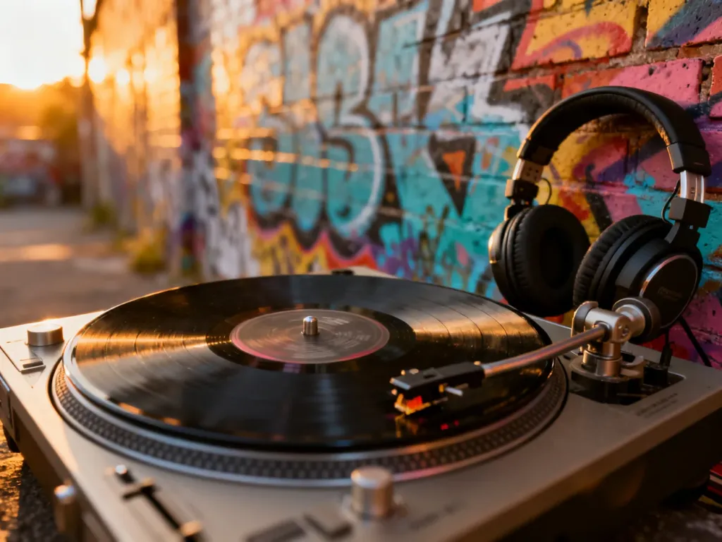 Gramofon z płytą winylową i słuchawki studyjne na tle graffiti, nawiązujące do kultury hip-hopowej.