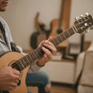 Stara, zniszczona gitara elektryczna oparta o ceglaną ścianę w surowym, piwnicznym klimacie, oddająca estetykę stylu grunge.