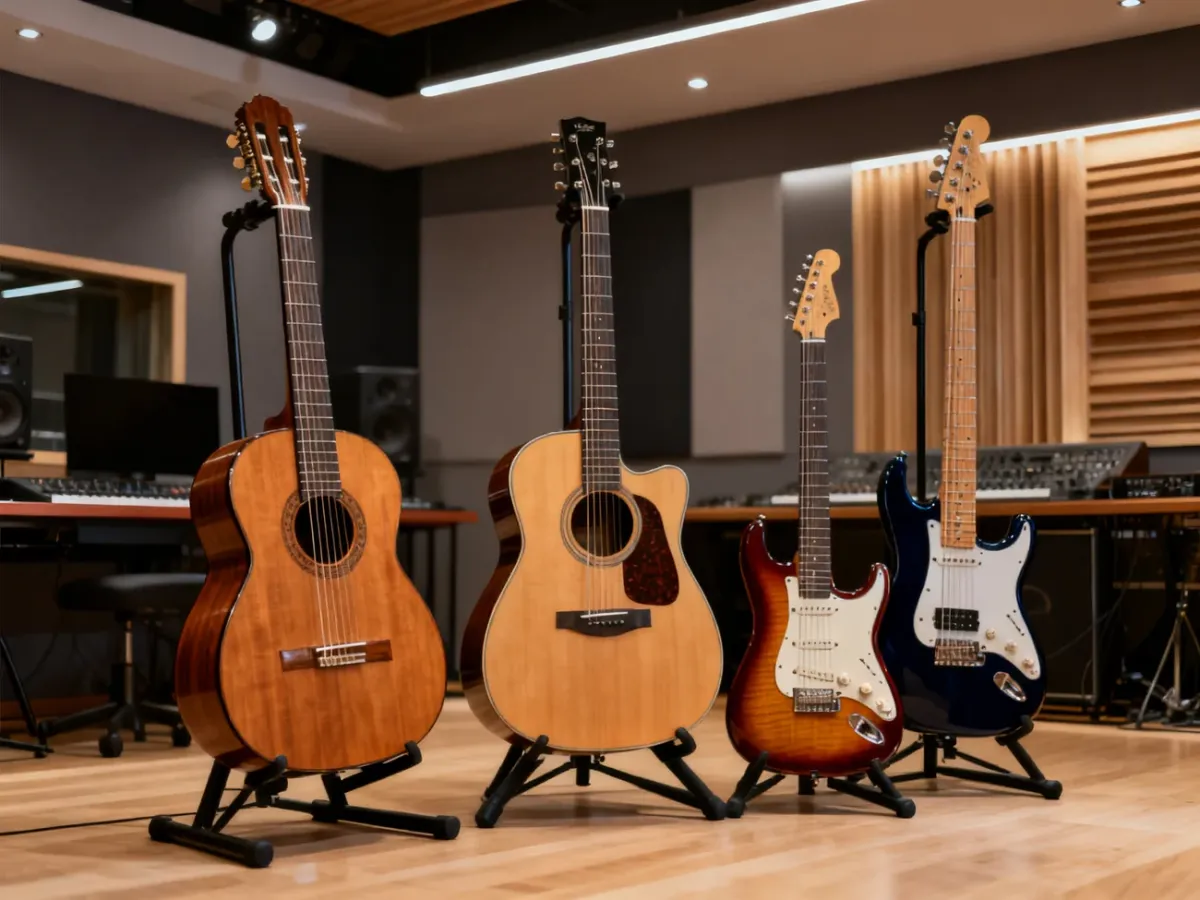 Kolekcja współczesnych gitar klasycznych, akustycznych, elektrycznych i basowych