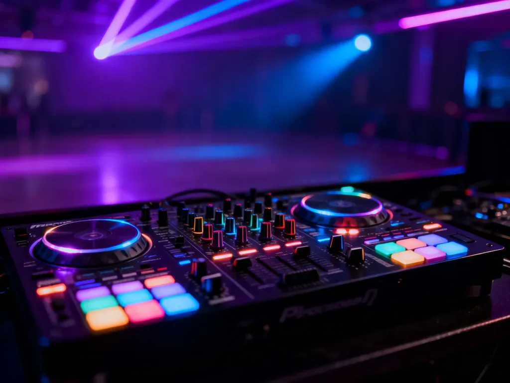 Profesjonalna konsola DJ-ska z podświetlanymi przyciskami w klubowym otoczeniu z neonowymi światłami w tle.