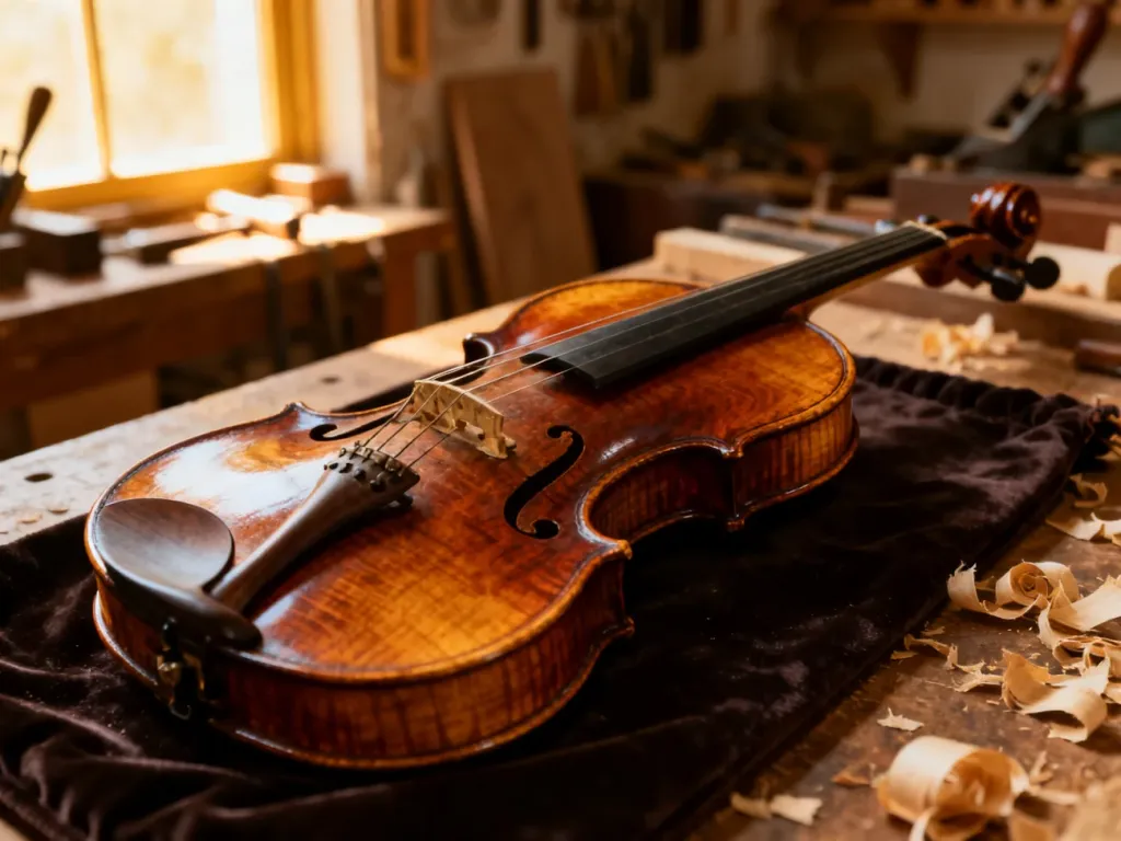 Zabytkowe skrzypce na aksamitnym tle w pracowni lutniczej, podkreślające kunszt wykonania instrumentu.