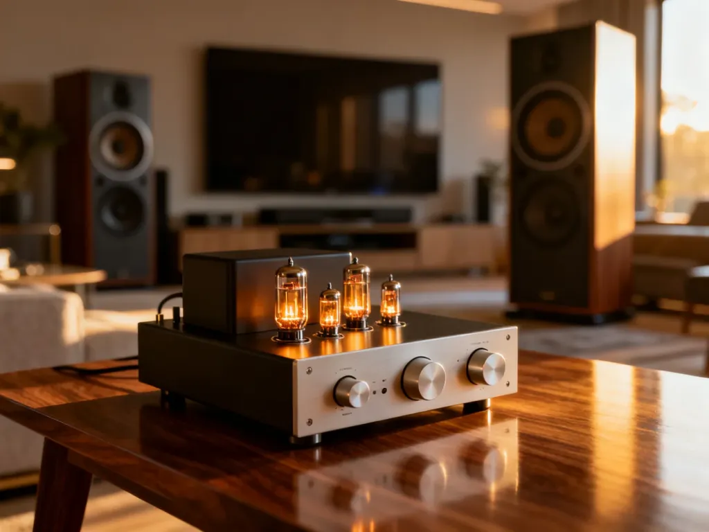 Wzmacniacz stereo z widocznymi lampami próżniowymi na drewnianym stole w nowoczesnym salonie audio.