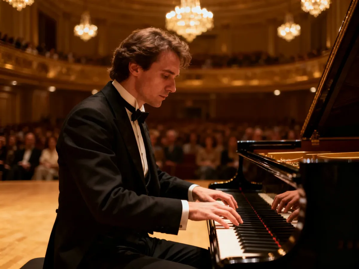 Pianista wykonujący pełen rozmachu polonez Chopina na fortepianie koncertowym