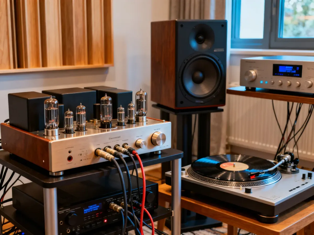 Zestaw audio z wzmacniaczem lampowym, tranzystorowym, gramofonem i kolumnami