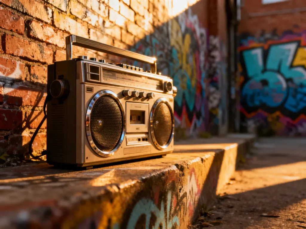 Klasyczny boombox na tle graffiti w miejskiej alejce, symbolizujący korzenie i estetykę kultury hip-hopowej.