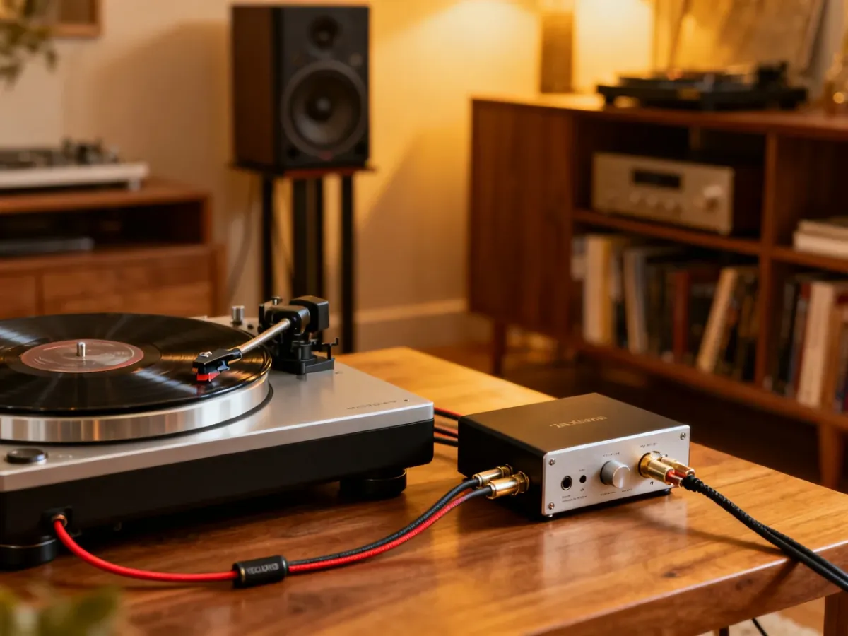 Gramofon połączony z zewnętrznym przedwzmacniaczem gramofonowym i wzmacniaczem