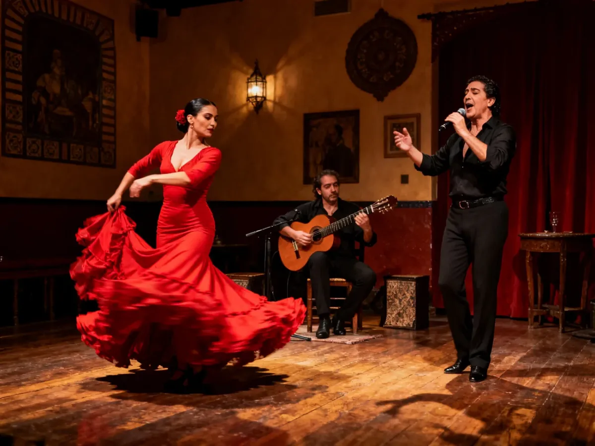 Tancerka flamenco występująca z gitarzystą i śpiewakiem w andaluzyjskim tablao