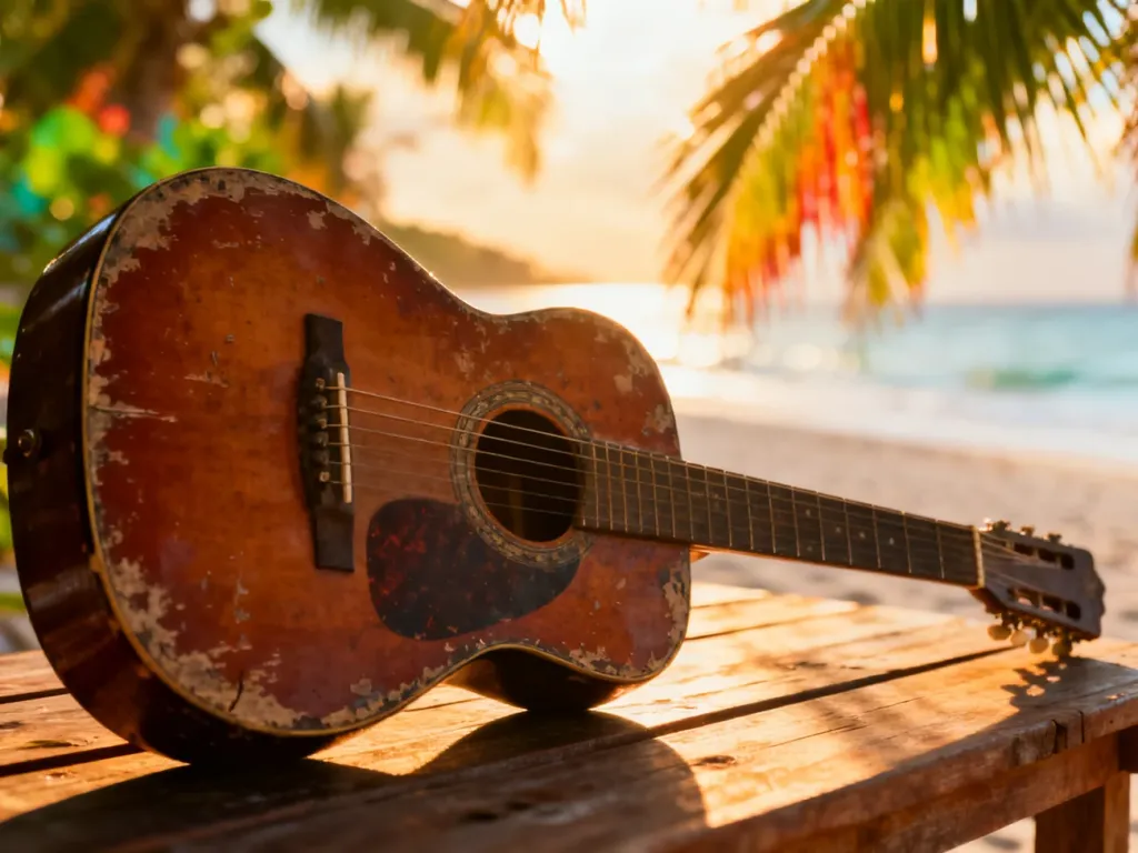 Zniszczona gitara akustyczna na drewnianym tle w otoczeniu tropikalnego krajobrazu, oddająca klimat muzyki reggae.