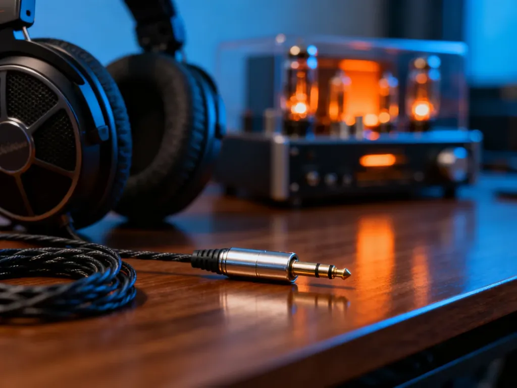Profesjonalne słuchawki przewodowe podłączone do wzmacniacza lampowego, podkreślające znaczenie sprzętu audio wysokiej klasy.