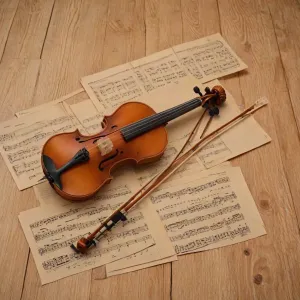 Zabytkowe skrzypce na aksamitnym tle w pracowni lutniczej, podkreślające kunszt wykonania instrumentu.