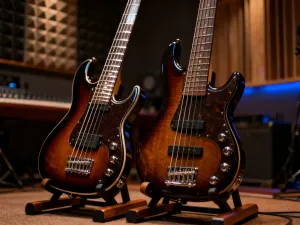 Stara, zniszczona gitara elektryczna oparta o ceglaną ścianę w surowym, piwnicznym klimacie, oddająca estetykę stylu grunge.