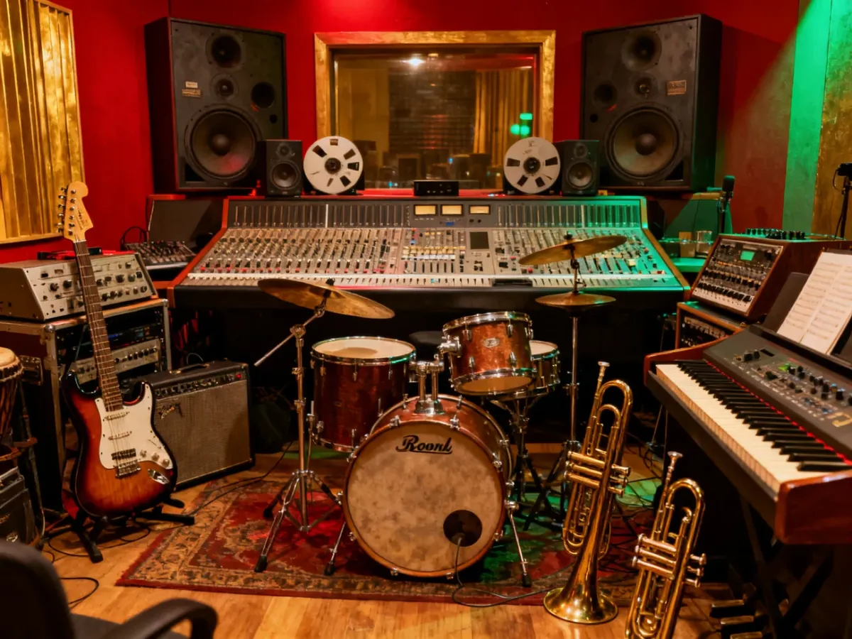 Instrumenty reggae i analogowa konsoleta w klimatycznym studiu nagraniowym