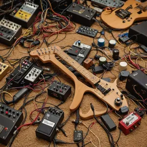Srebrny wzmacniacz lampowy na drewnianym biurku z kolumnami głośnikowymi w tle w ciepłym świetle zachodzącego słońca.