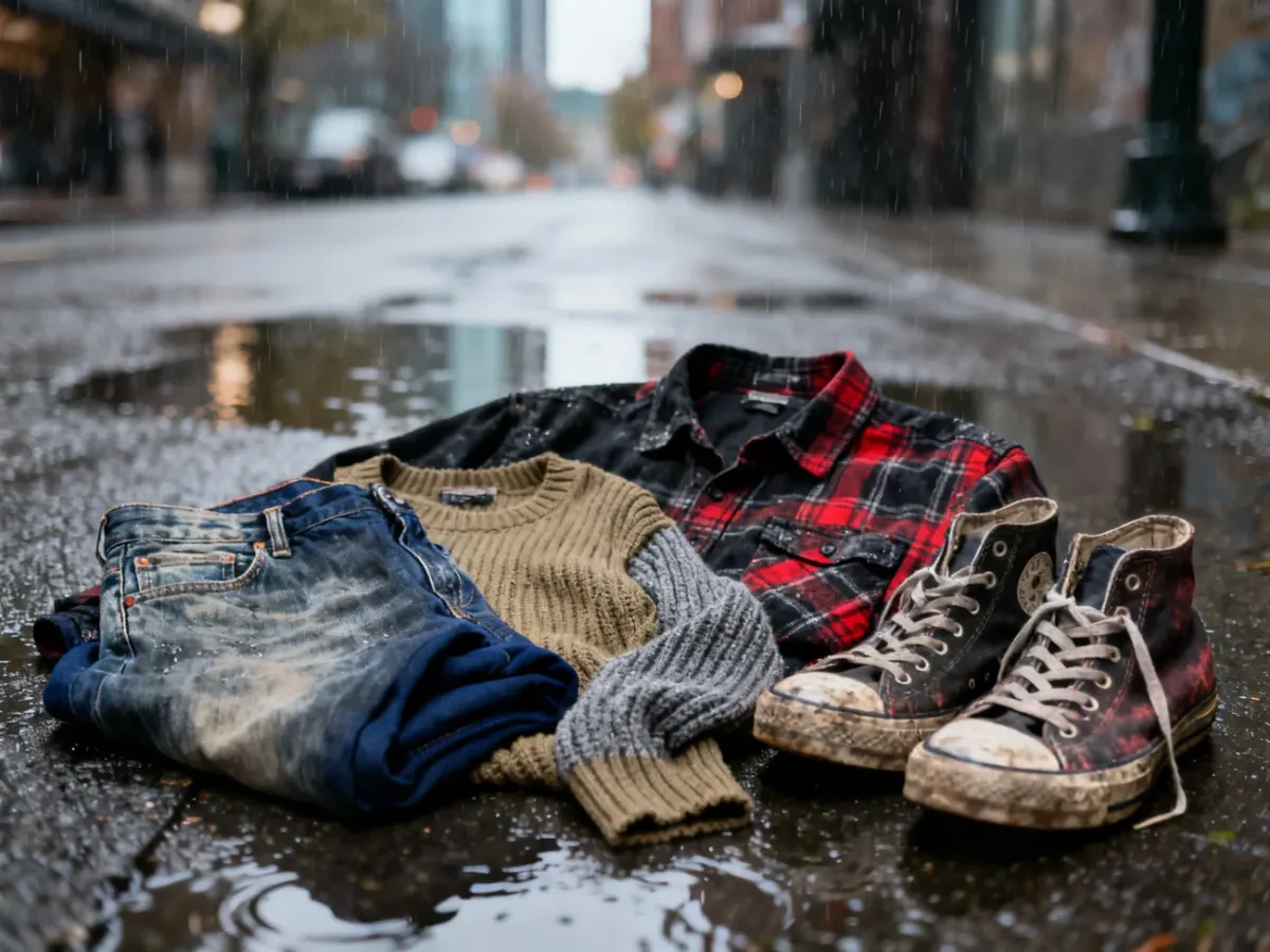 Codzienny strój w stylu grunge na tle deszczowego Seattle